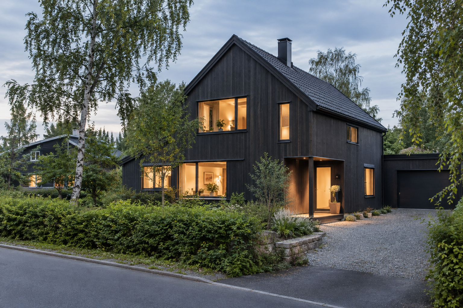 Moderne mørkt trehus omgitt av bjørketrær